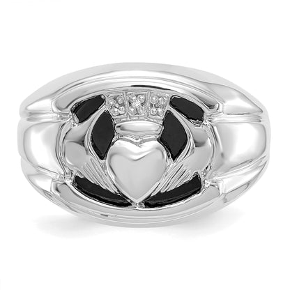 14k White Gold Mens AA Diamond and Onyx Claddagh Ring