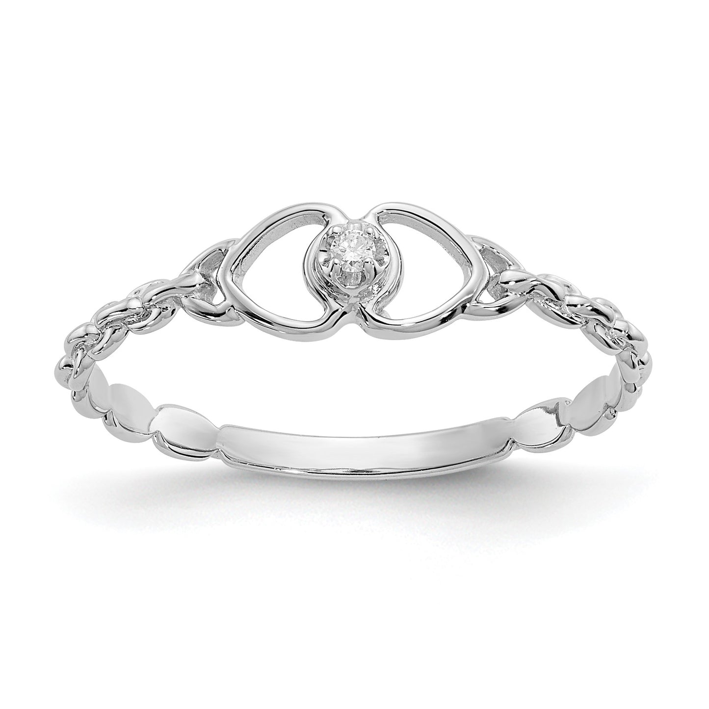 14k White Gold Polished AA Diamond Two Hearts Ring