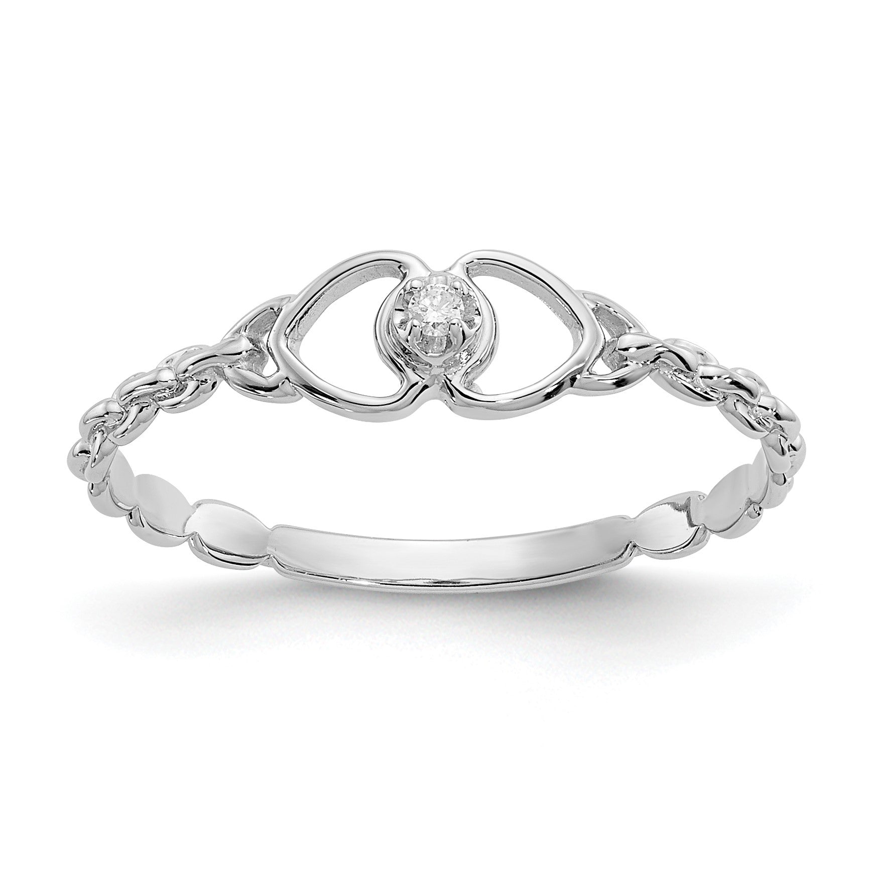 14k White Gold Polished AA Diamond Two Hearts Ring