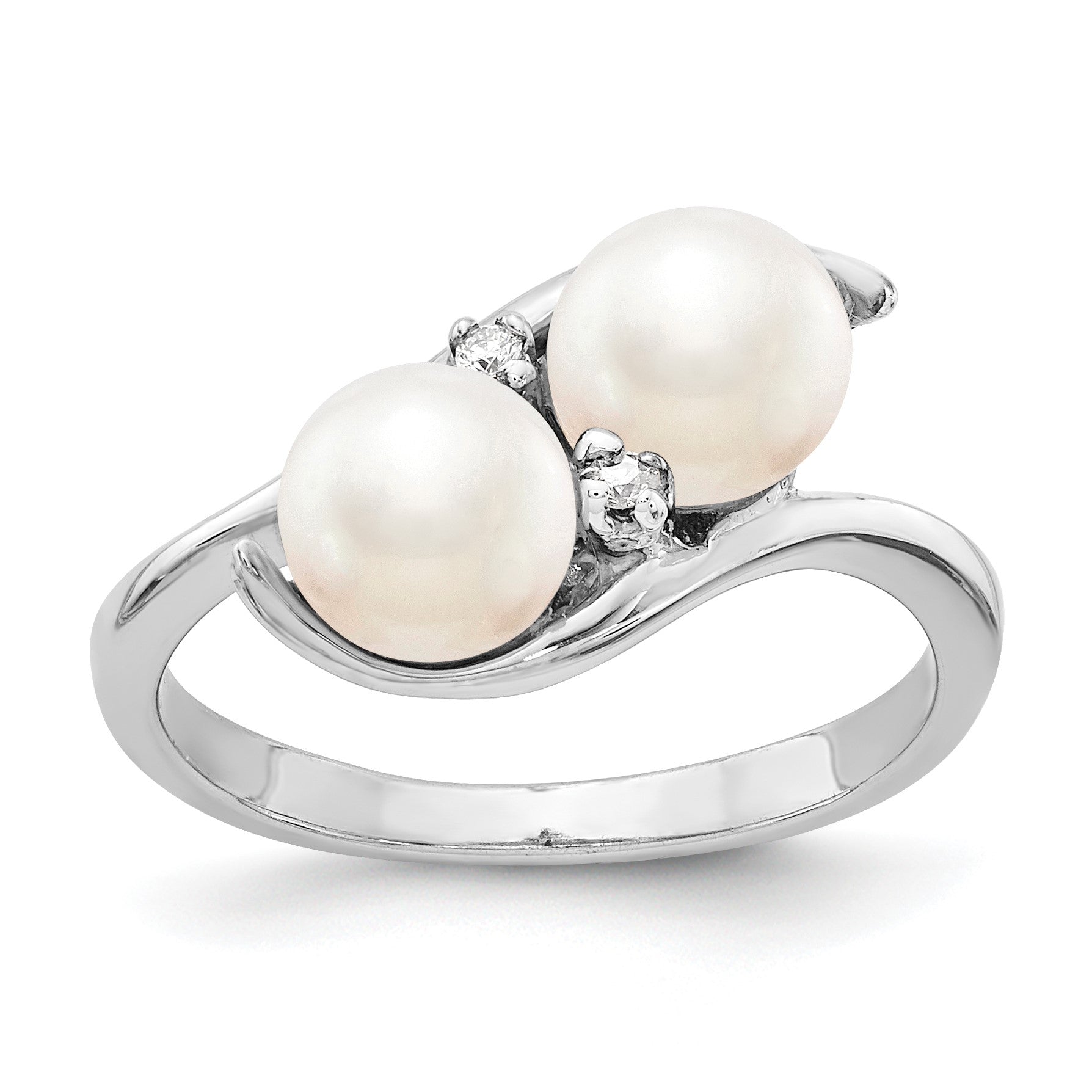 14k White Gold 6mm Black Freshwater Cultured Two-Pearl and VS Diamond Ring