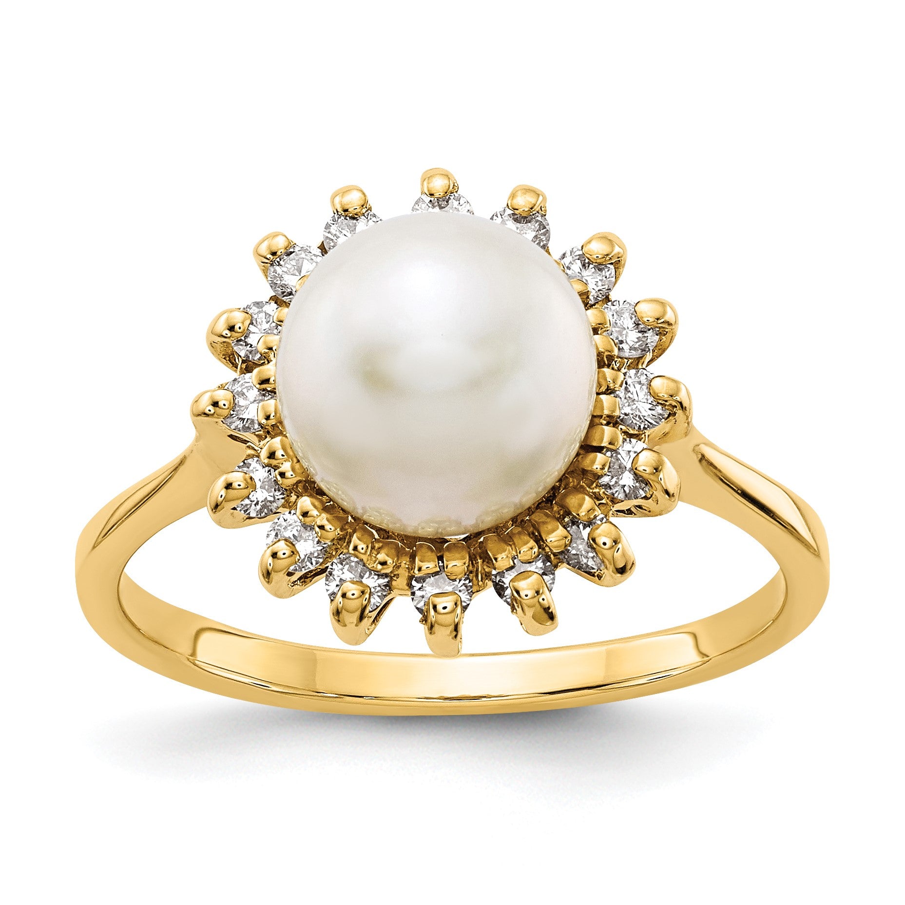 14k 7.5mm White Freshwater Cultured Pearl and 1/4 carat AA Diamond Halo Ring