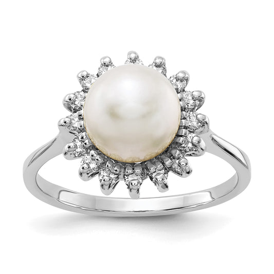 14k White Gold 7.5mm White Freshwater Cultured Pearl and 1/4 carat AA Diamond Halo Ring