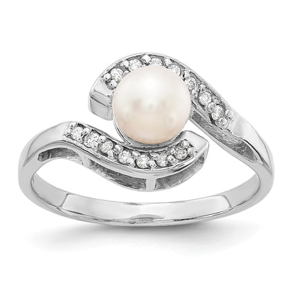 14k White Gold 5.5mm White Freshwater Cultured Pearl and 1/20 carat AA Diamond Bypass Ring