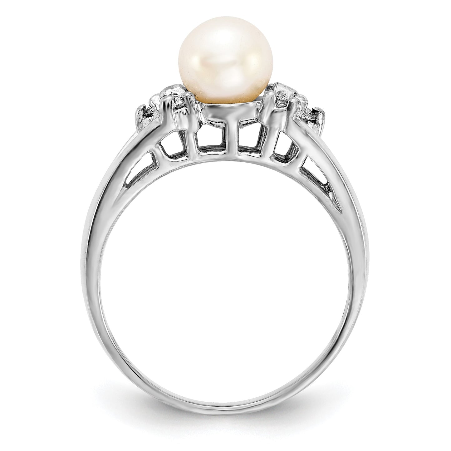 14k White Gold 6mm White Freshwater Cultured Pearl and 1/10 carat AA Diamond Ring