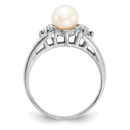 14k White Gold 6mm White Freshwater Cultured Pearl and 1/10 carat AA Diamond Ring