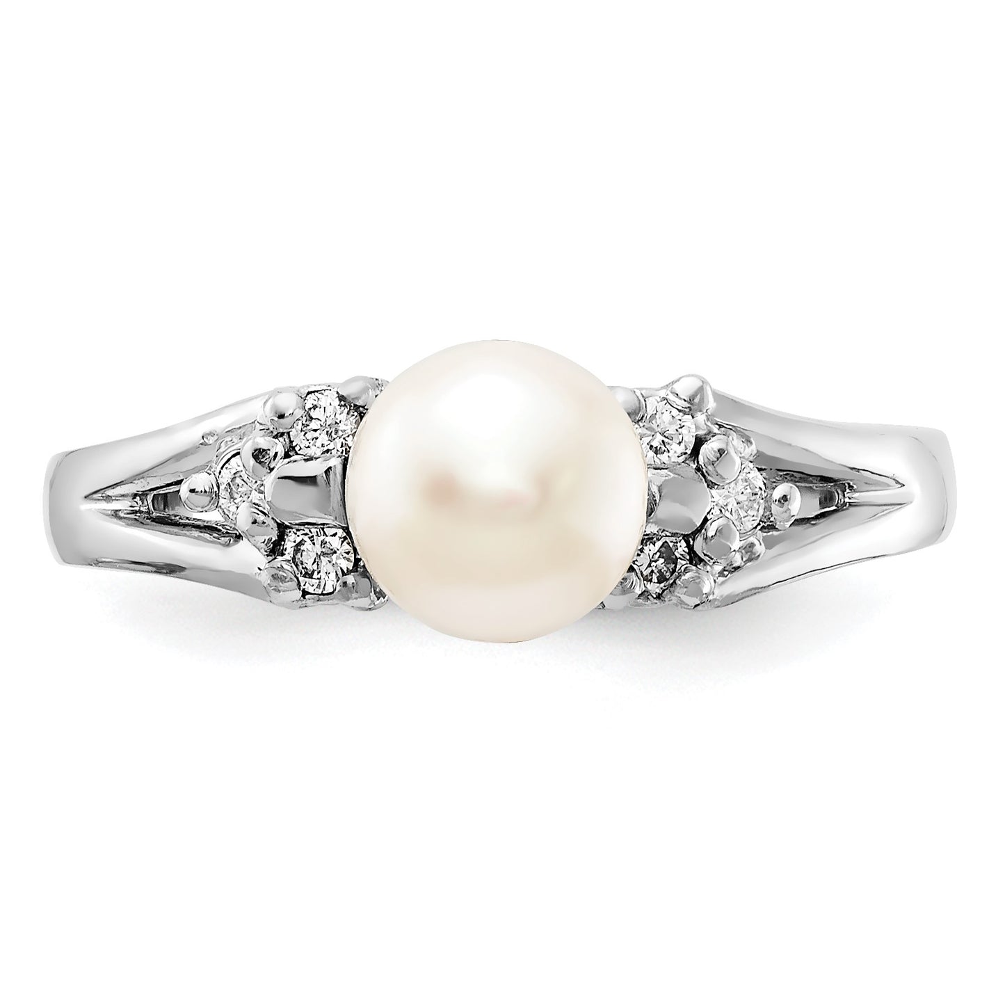 14k White Gold 6mm White Freshwater Cultured Pearl and 1/10 carat AA Diamond Ring