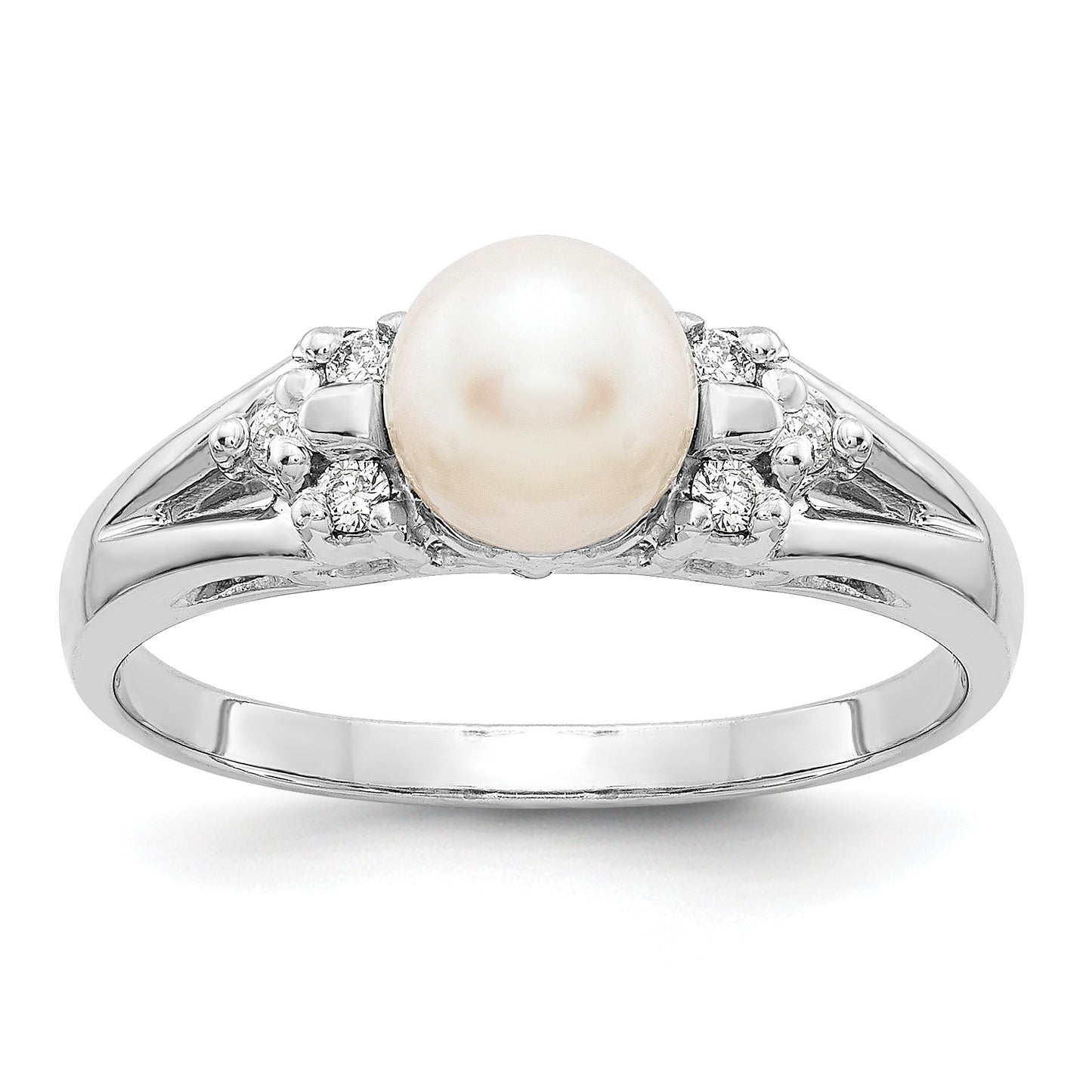 14k White Gold 6mm White Freshwater Cultured Pearl and 1/10 carat AA Diamond Ring