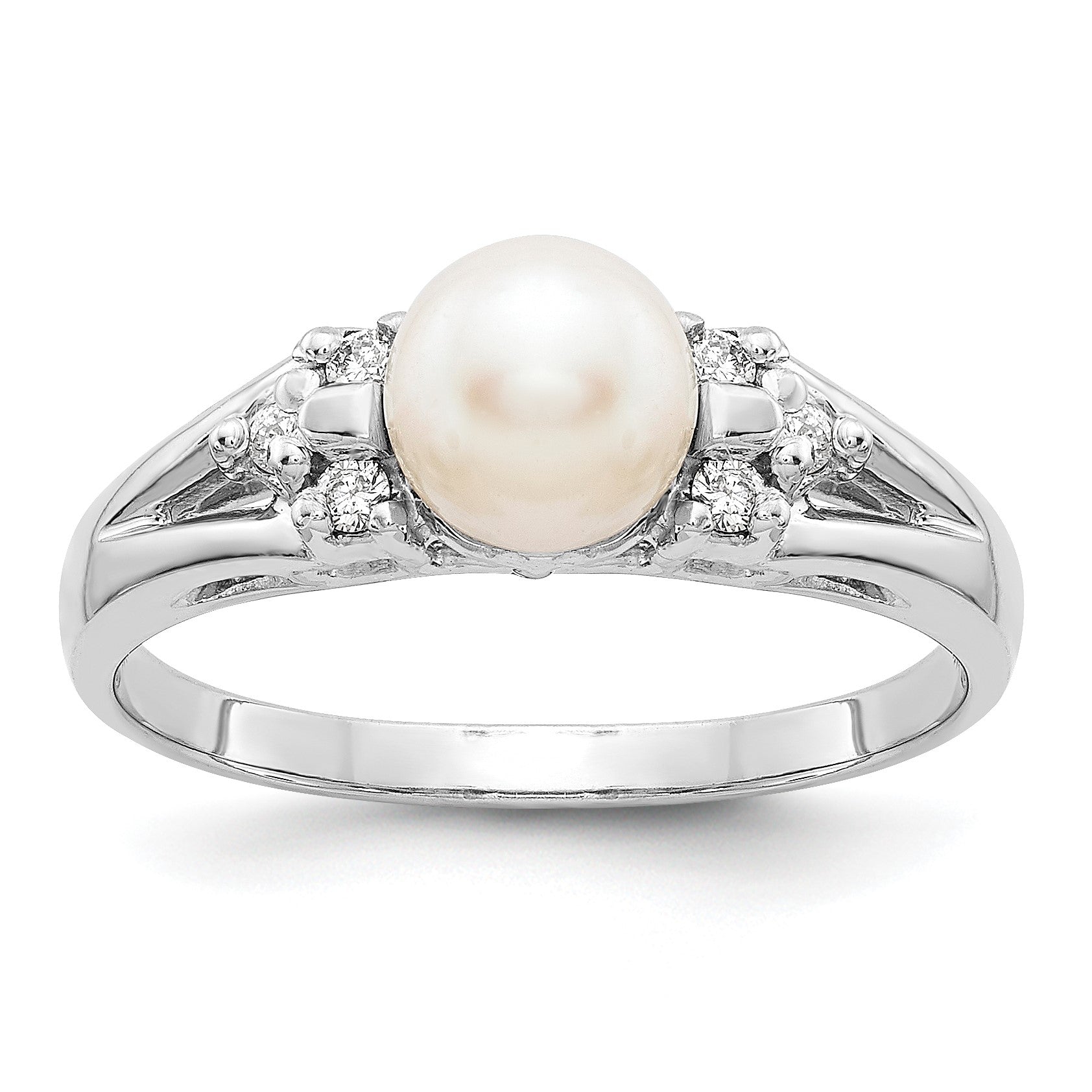 14k White Gold 6mm White Freshwater Cultured Pearl and 1/10 carat AA Diamond Ring