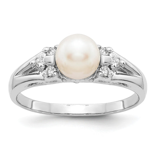 14k White Gold 6mm White Freshwater Cultured Pearl and 1/10 carat AA Diamond Ring
