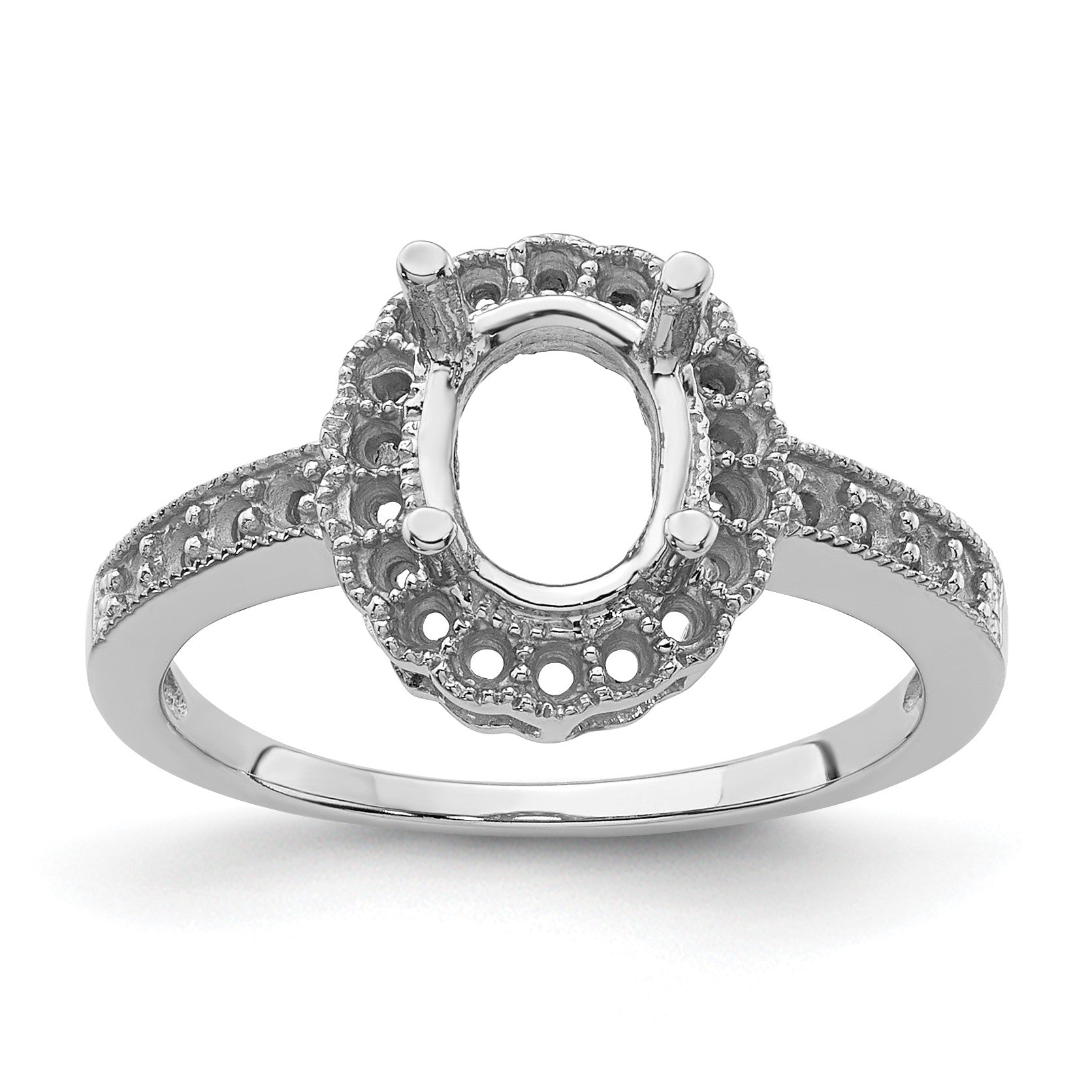 14k White Gold Holds 18-1.3mm/8-1.4mm/1-8x6mm Oval Gemstone Halo Ring Mounting