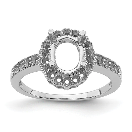 14k White Gold Holds 18-1.3mm/8-1.4mm/1-8x6mm Oval Gemstone Halo Ring Mounting