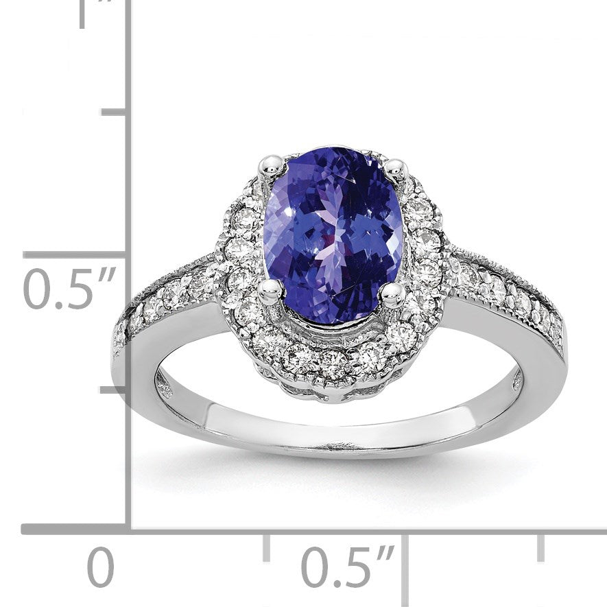 14k White Gold 8x6mm Oval Tanzanite and 1/4 carat AA Diamond Halo Ring