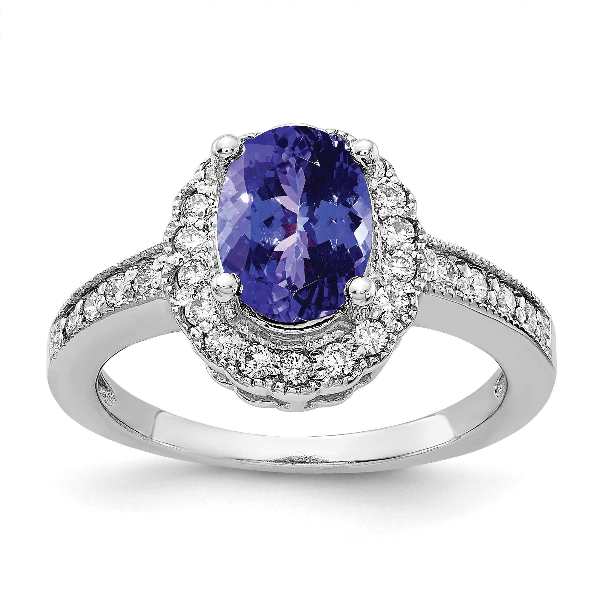 14k White Gold 8x6mm Oval Tanzanite and 1/4 carat AA Diamond Halo Ring