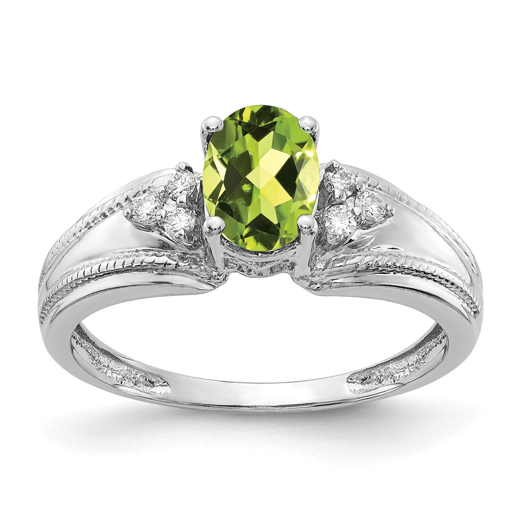 14k White Gold 7x5mm Oval Peridot and 1/15 carat AA Diamond Ring