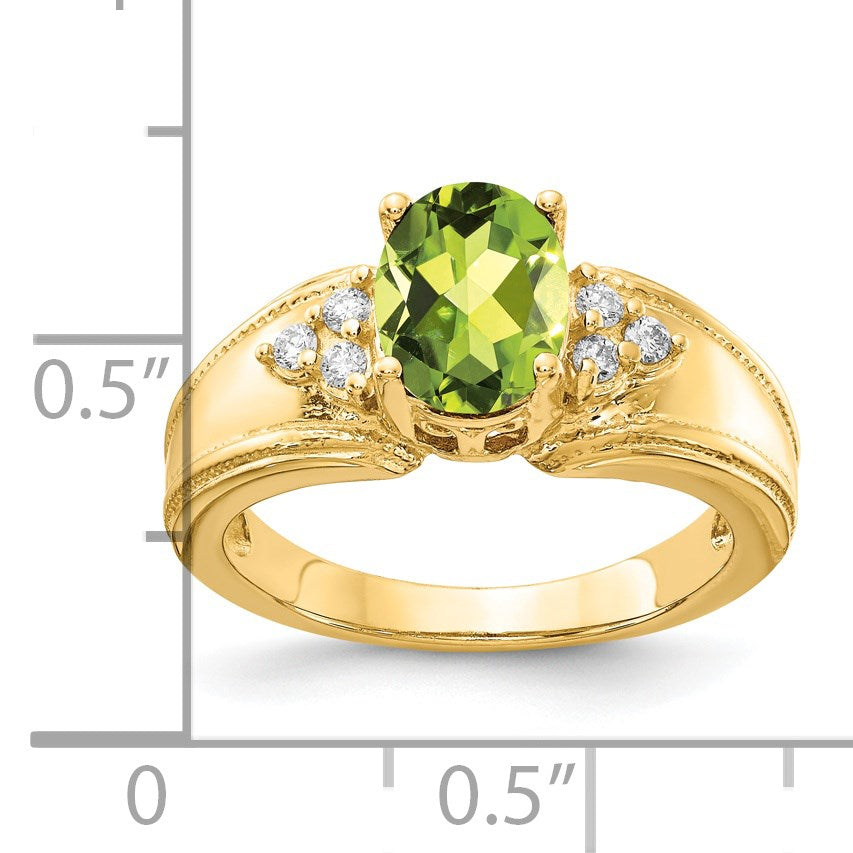 14k 8x6mm Oval Peridot and 1/10 carat AA Diamond Ring