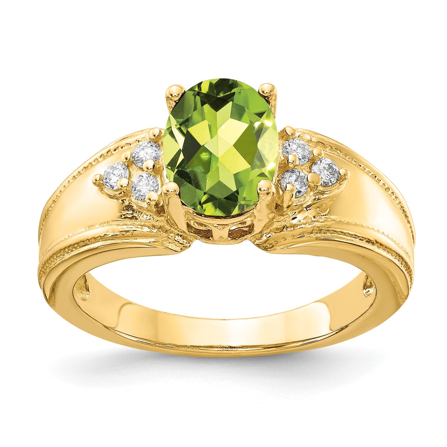 14k 8x6mm Oval Peridot and 1/10 carat AA Diamond Ring