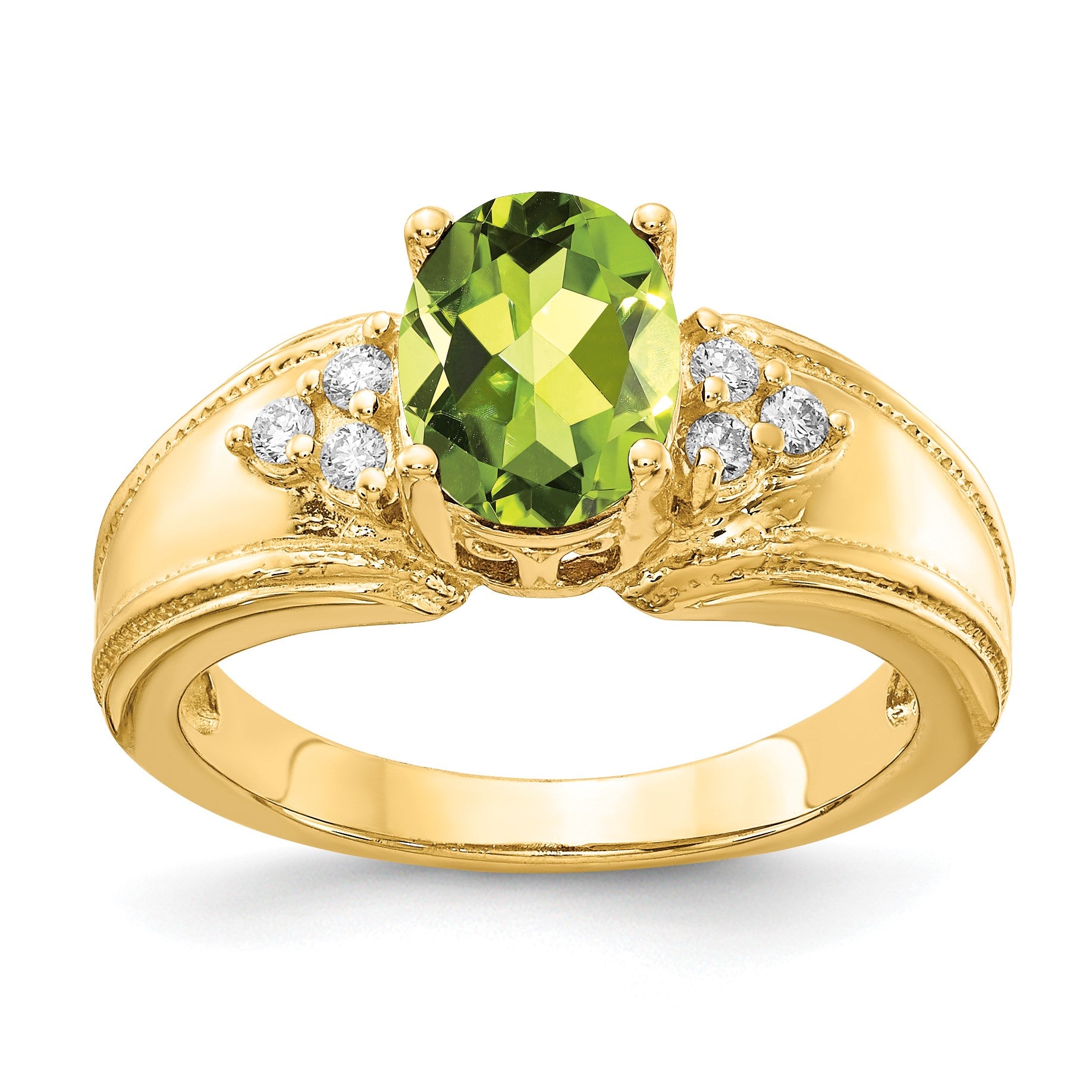 14k 8x6mm Oval Peridot and 1/10 carat AA Diamond Ring