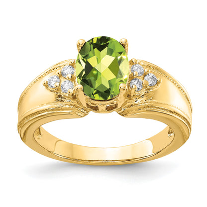 14k 8x6mm Oval Peridot and 1/10 carat AA Diamond Ring