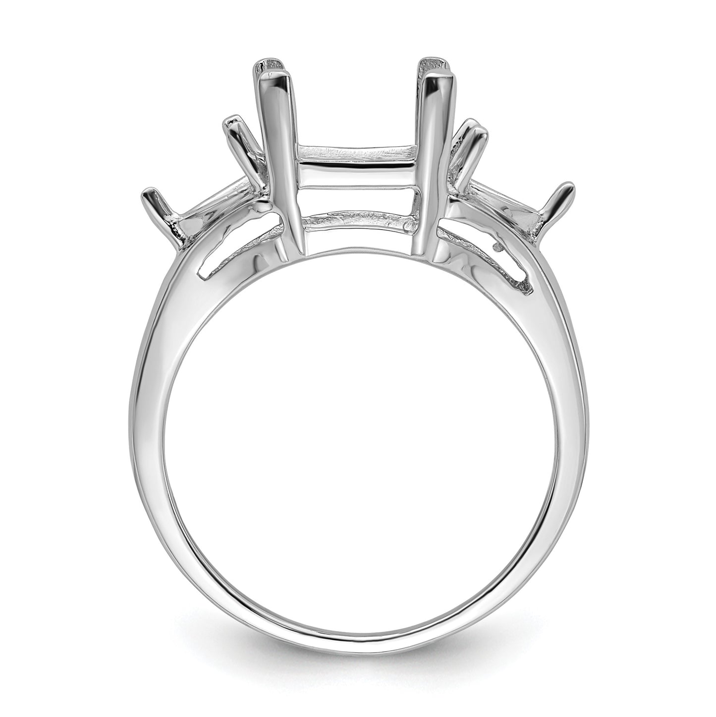 14k White Gold Holds 1-9x7mm Emerald and 2-5mm Trillion Gemstone Ring Mounting