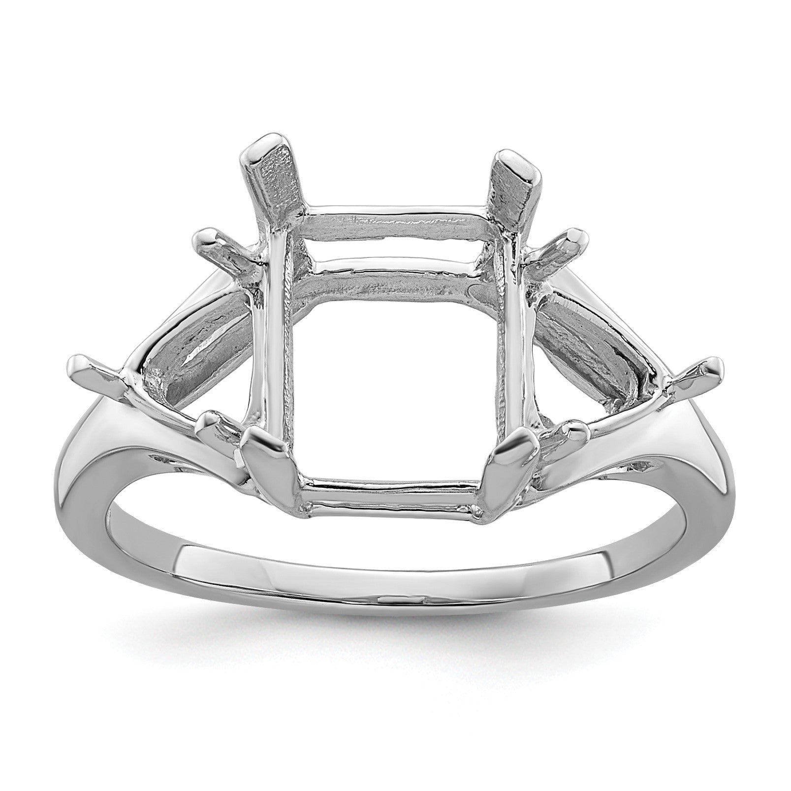 14k White Gold Holds 1-9x7mm Emerald and 2-5mm Trillion Gemstone Ring Mounting