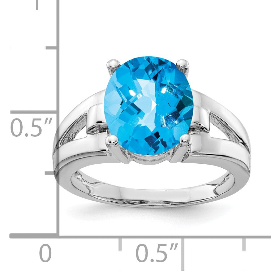 14k White Gold 11x9mm Oval Blue Topaz Checker-cut Ring