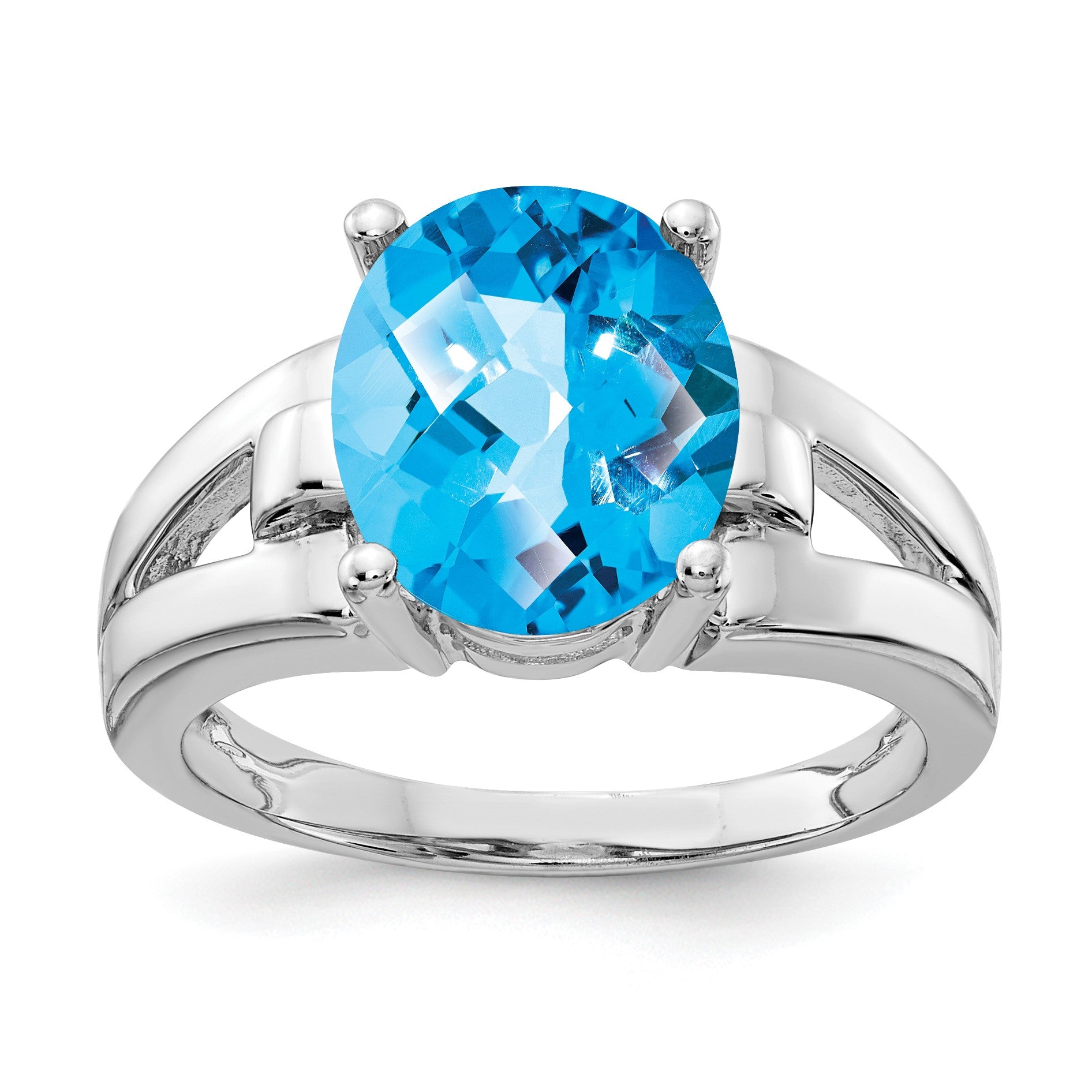 14k White Gold 11x9mm Oval Blue Topaz Checker-cut Ring