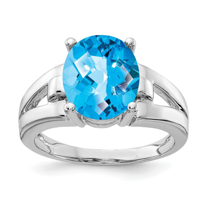 14k White Gold 11x9mm Oval Blue Topaz Checker-cut Ring