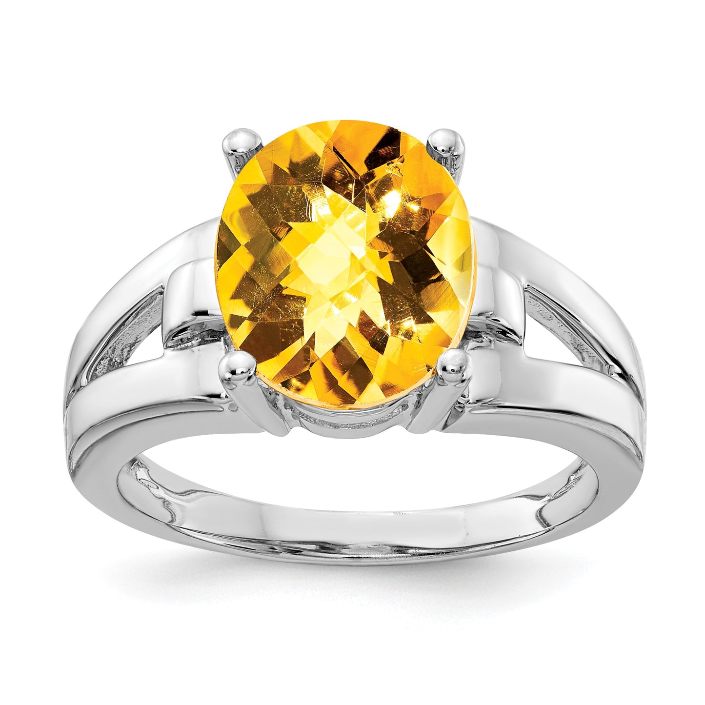 14k White Gold 11x9mm Oval Citrine Checker-cut Ring