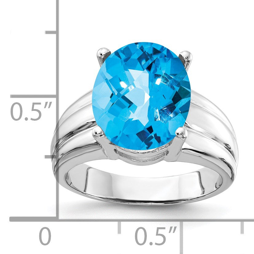 14k White Gold 12x10mm Oval Blue Topaz Checker-cut Ring