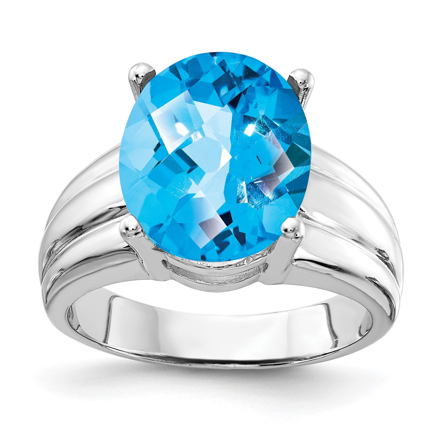 14k White Gold 12x10mm Oval Blue Topaz Checker-cut Ring