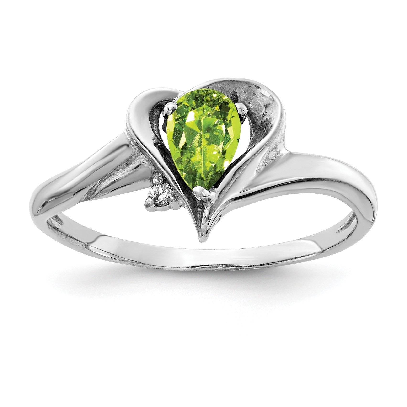14k White Gold 6x4mm Pear Peridot and AA Diamond Ring