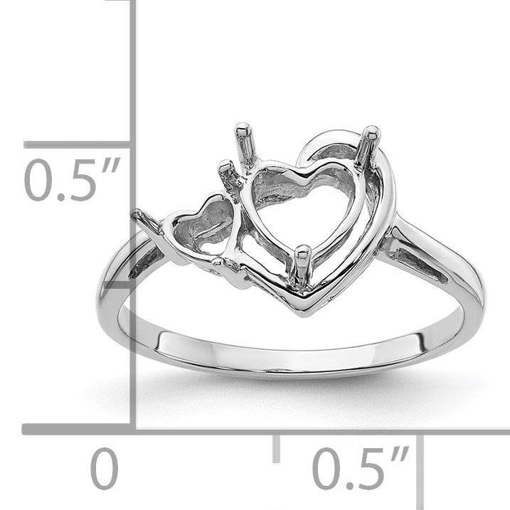 14k White Gold Holds 6mm Heart and 4mm Heart Gemstone Ring Mounting