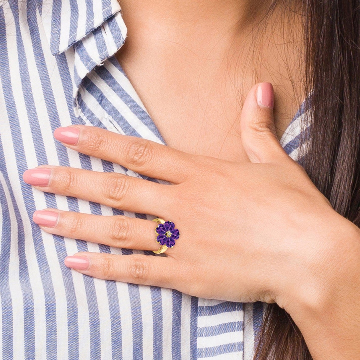 14k 6mm Heart Amethyst and AA Diamond Flower Ring