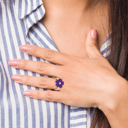 14k 6mm Heart Amethyst and AA Diamond Flower Ring