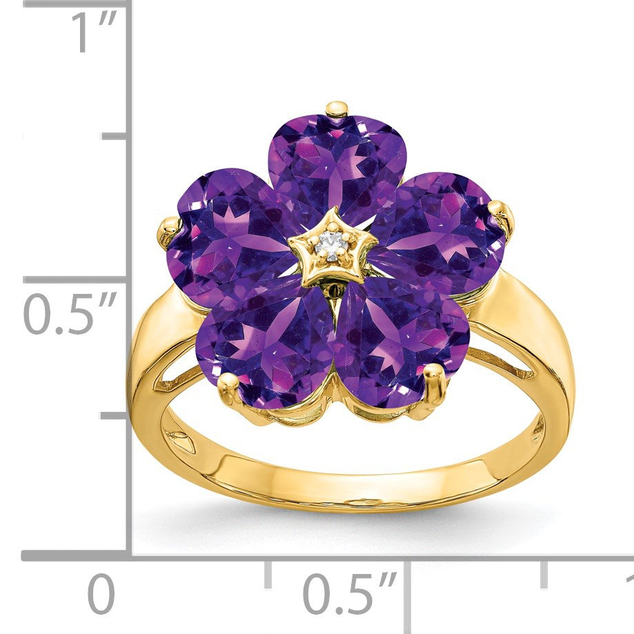14k 6mm Heart Amethyst and AA Diamond Flower Ring