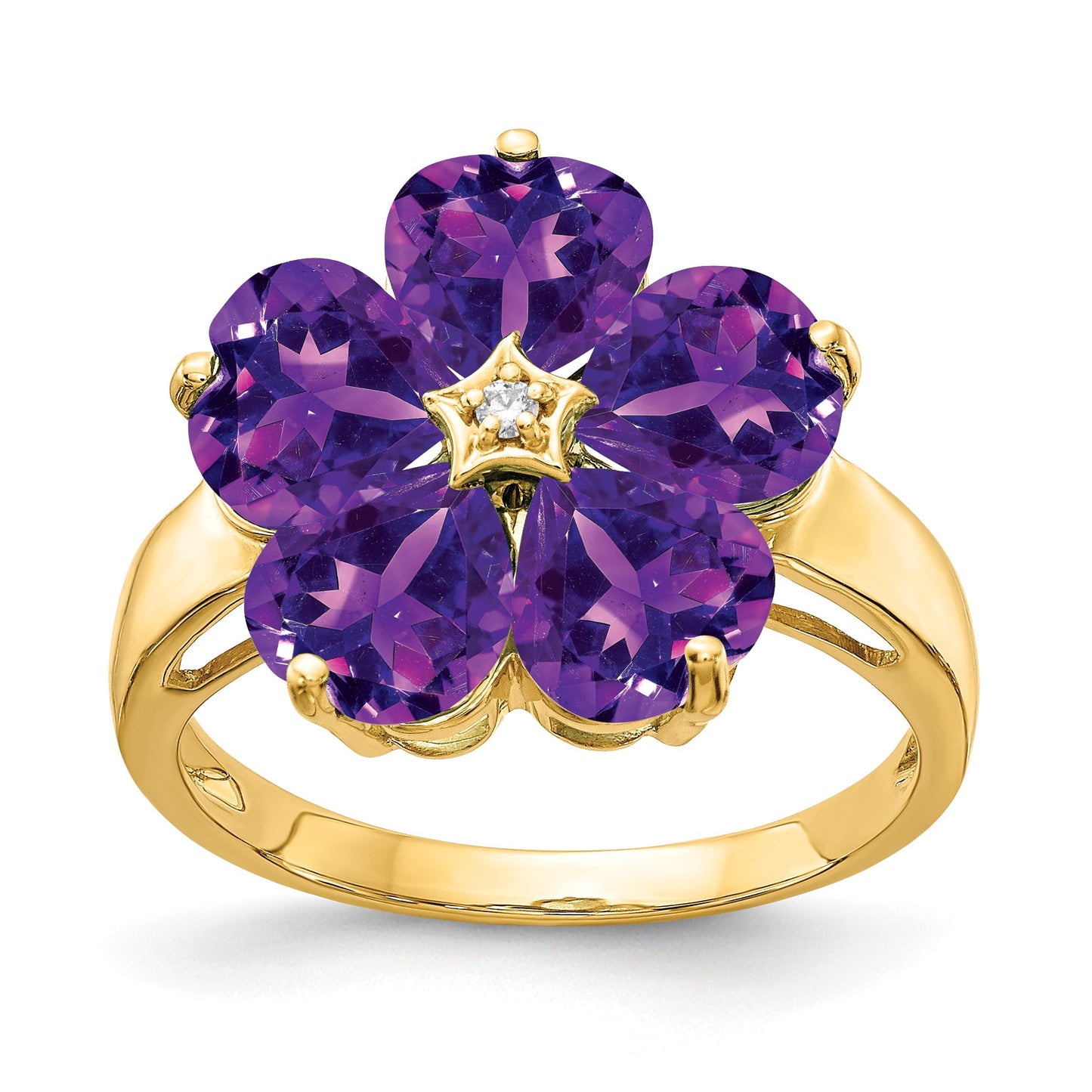 14k 6mm Heart Amethyst and AA Diamond Flower Ring