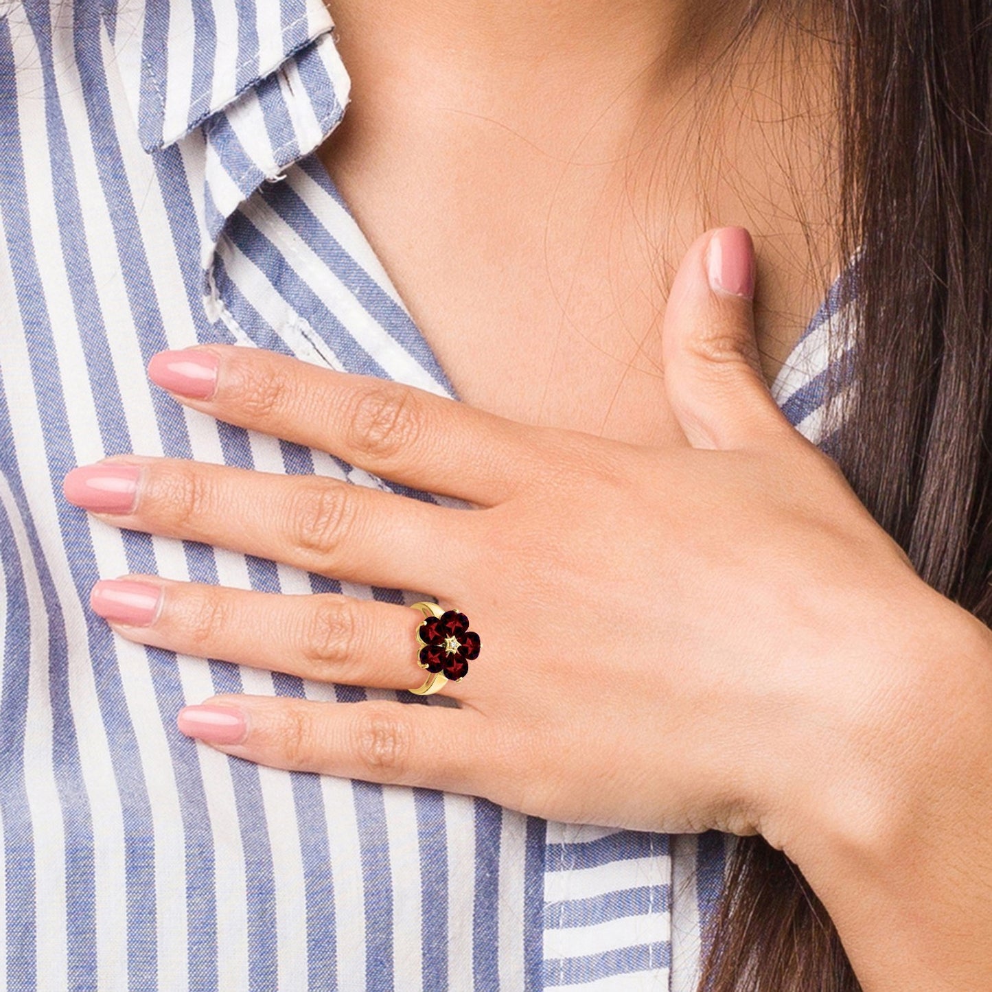 14k 6mm Heart Garnet and AA Diamond Flower Ring