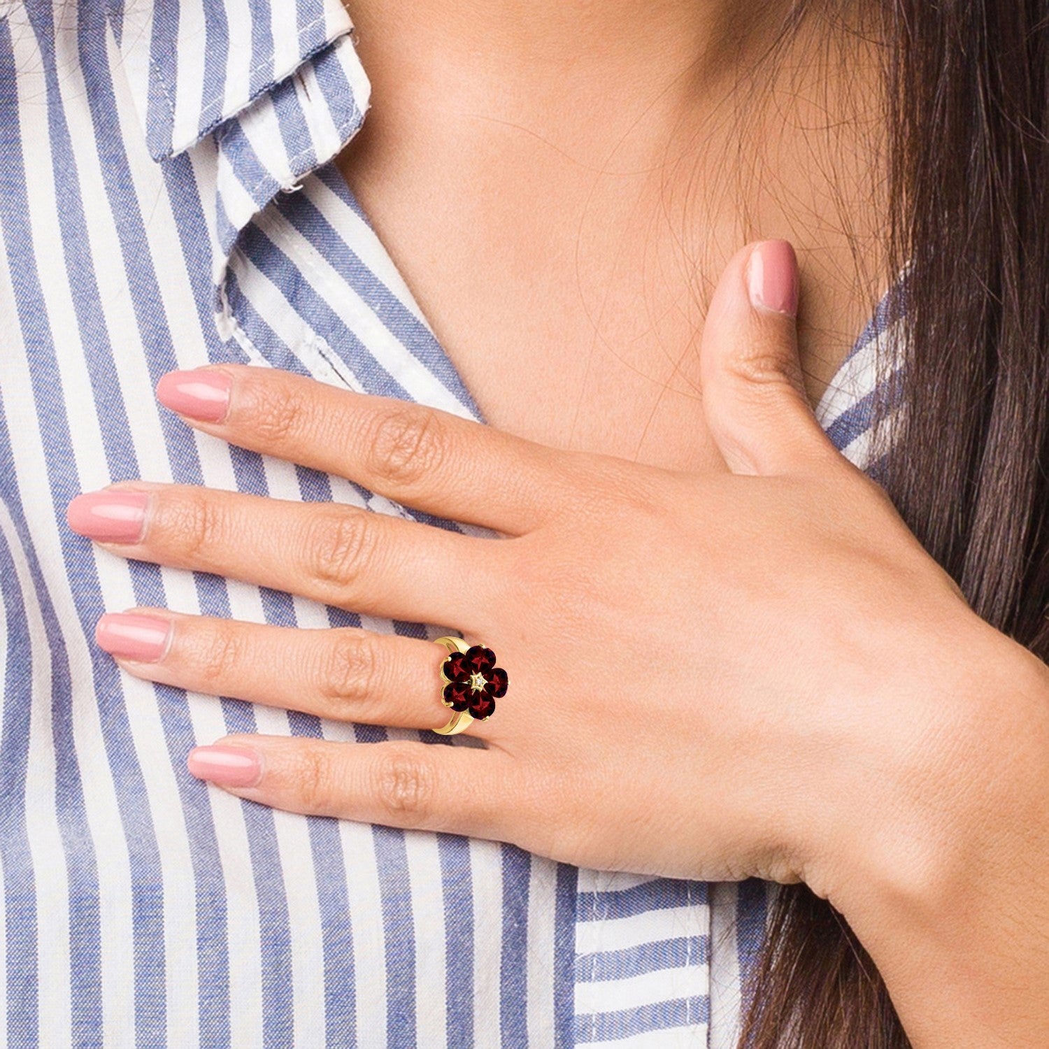 14k 6mm Heart Garnet and AA Diamond Flower Ring