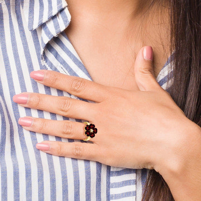 14k 6mm Heart Garnet and AA Diamond Flower Ring
