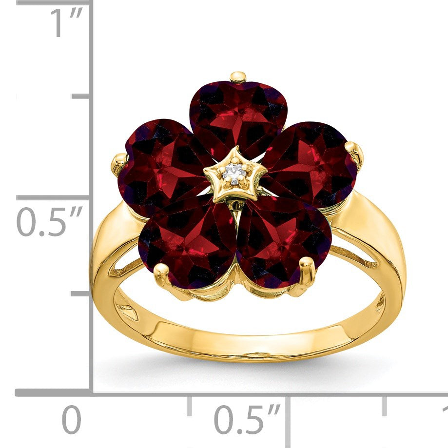 14k 6mm Heart Garnet and AA Diamond Flower Ring