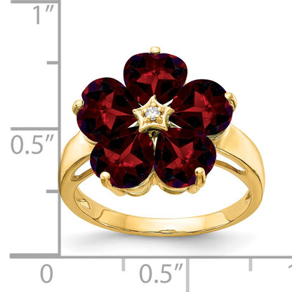 14k 6mm Heart Garnet and AA Diamond Flower Ring