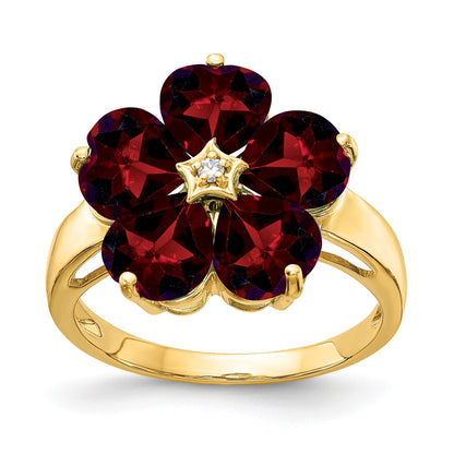 14k 6mm Heart Garnet and AA Diamond Flower Ring