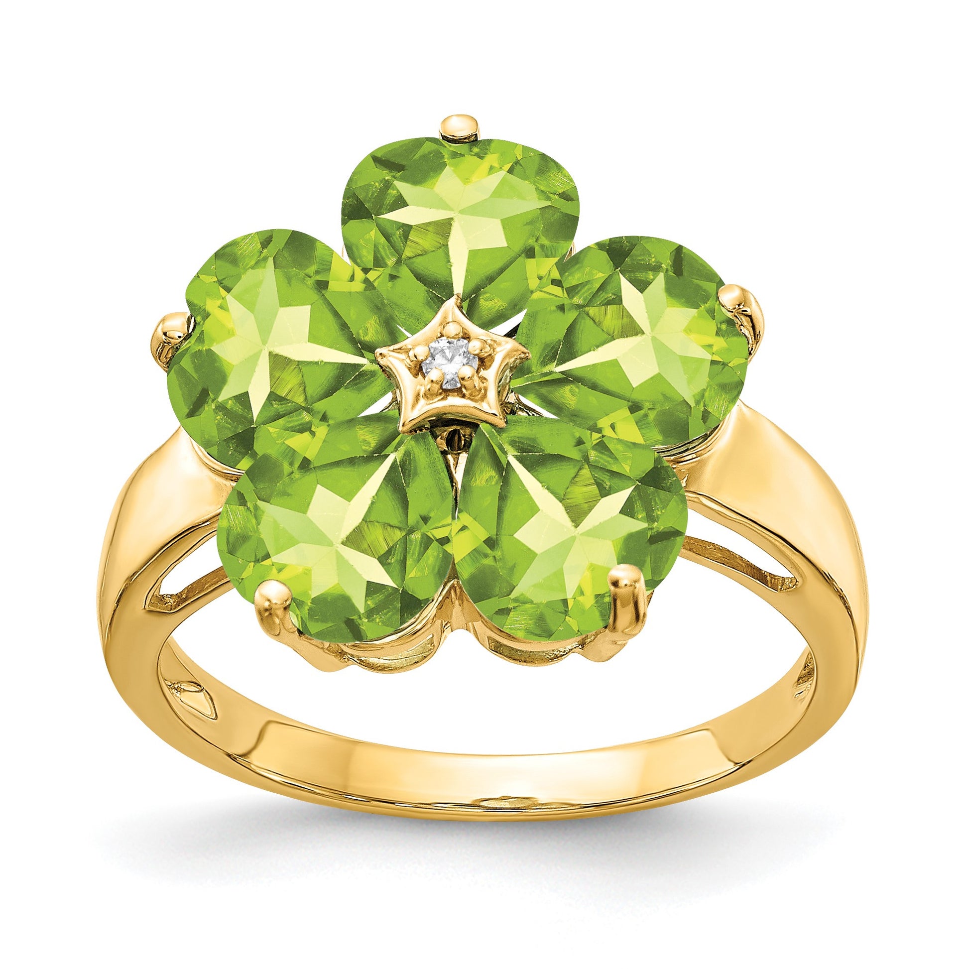 14k 6mm Heart Peridot and AA Diamond Flower Ring