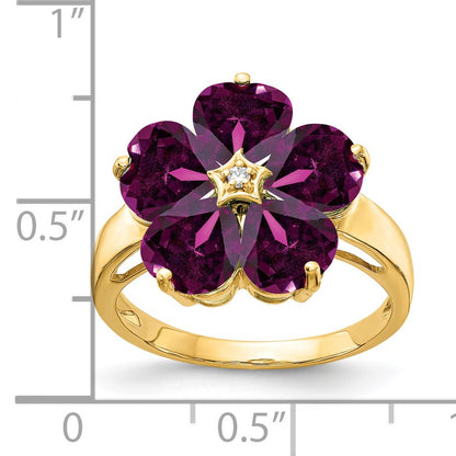 14k 6mm Heart Rhodolite Garnet and AA Diamond Flower Ring