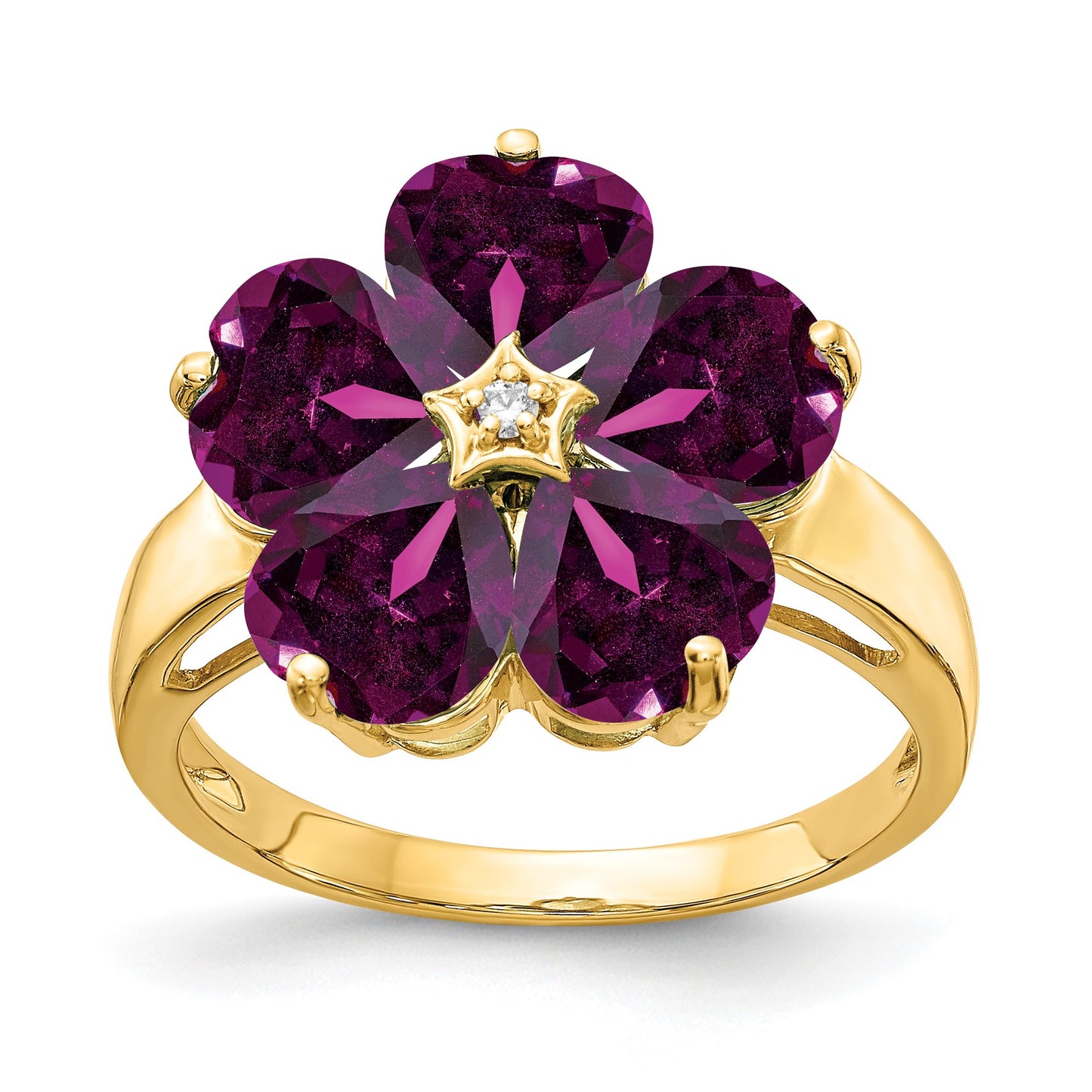 14k 6mm Heart Rhodolite Garnet and AA Diamond Flower Ring