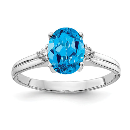 14k White Gold 8x6mm Oval Blue Topaz and AA Diamond Ring