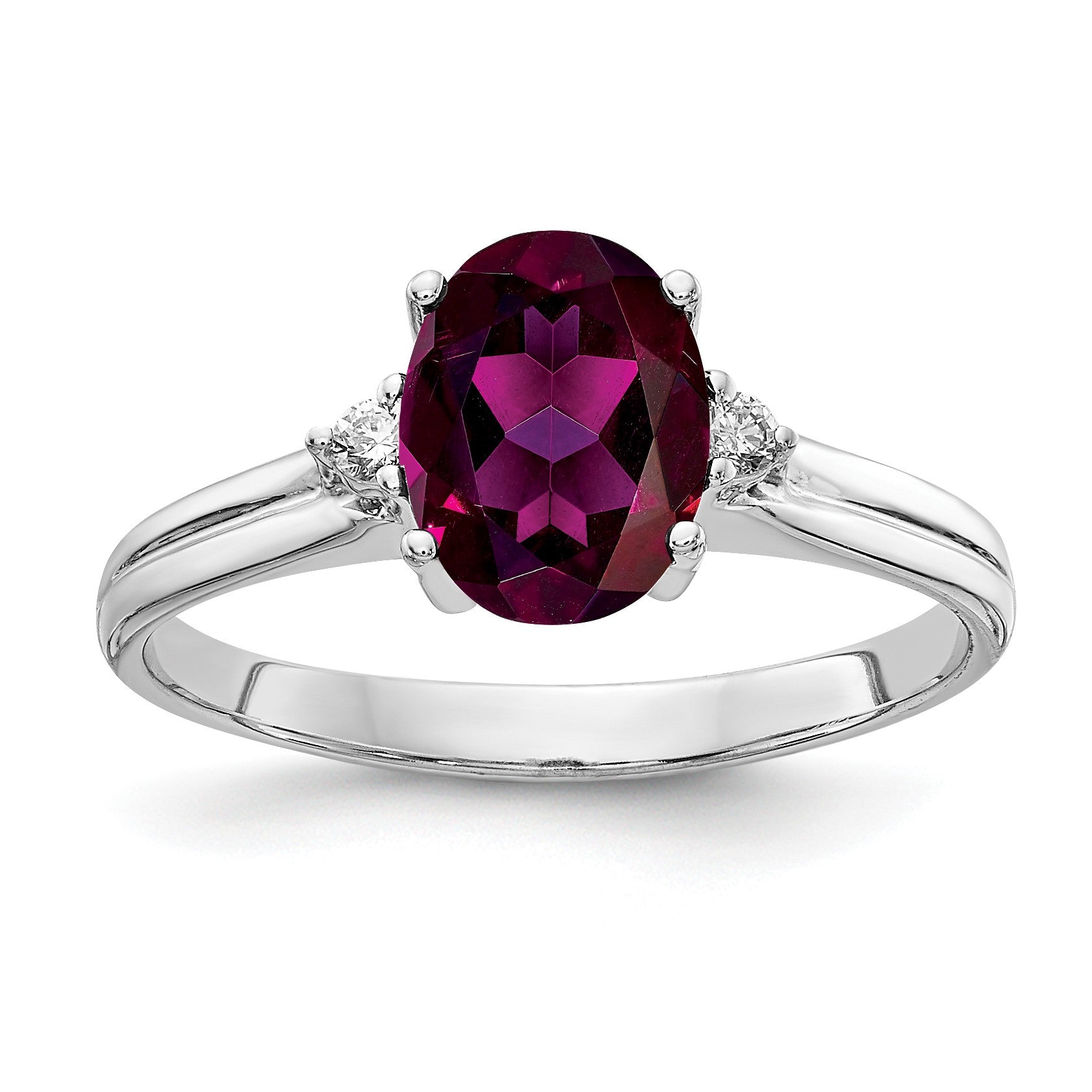 14k White Gold 8x6mm Oval Rhodolite Garnet and AA Diamond Ring