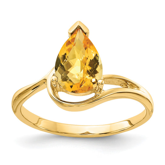 14k 9x6mm Pear Checker-cut Citrine Ring