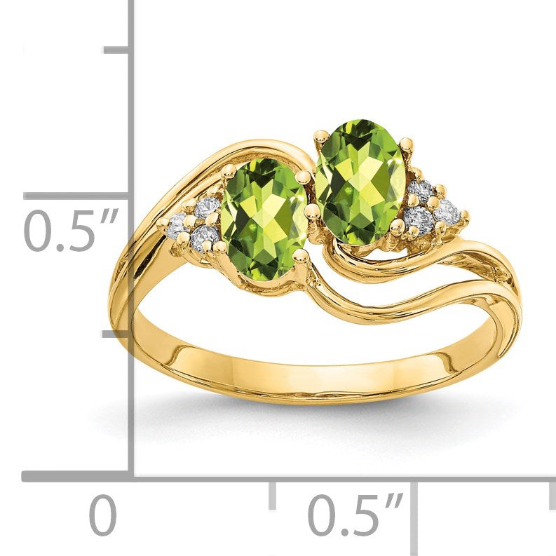 14k 6x4mm Oval Peridot and 1/20 carat AA Diamond 2-Stone Ring