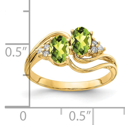 14k 6x4mm Oval Peridot and 1/20 carat AA Diamond 2-Stone Ring